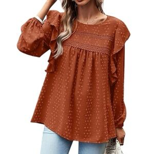 PrettyGarden Rust Brick Long Sleeve Ruffle Crochet Swiss Dot Blouse